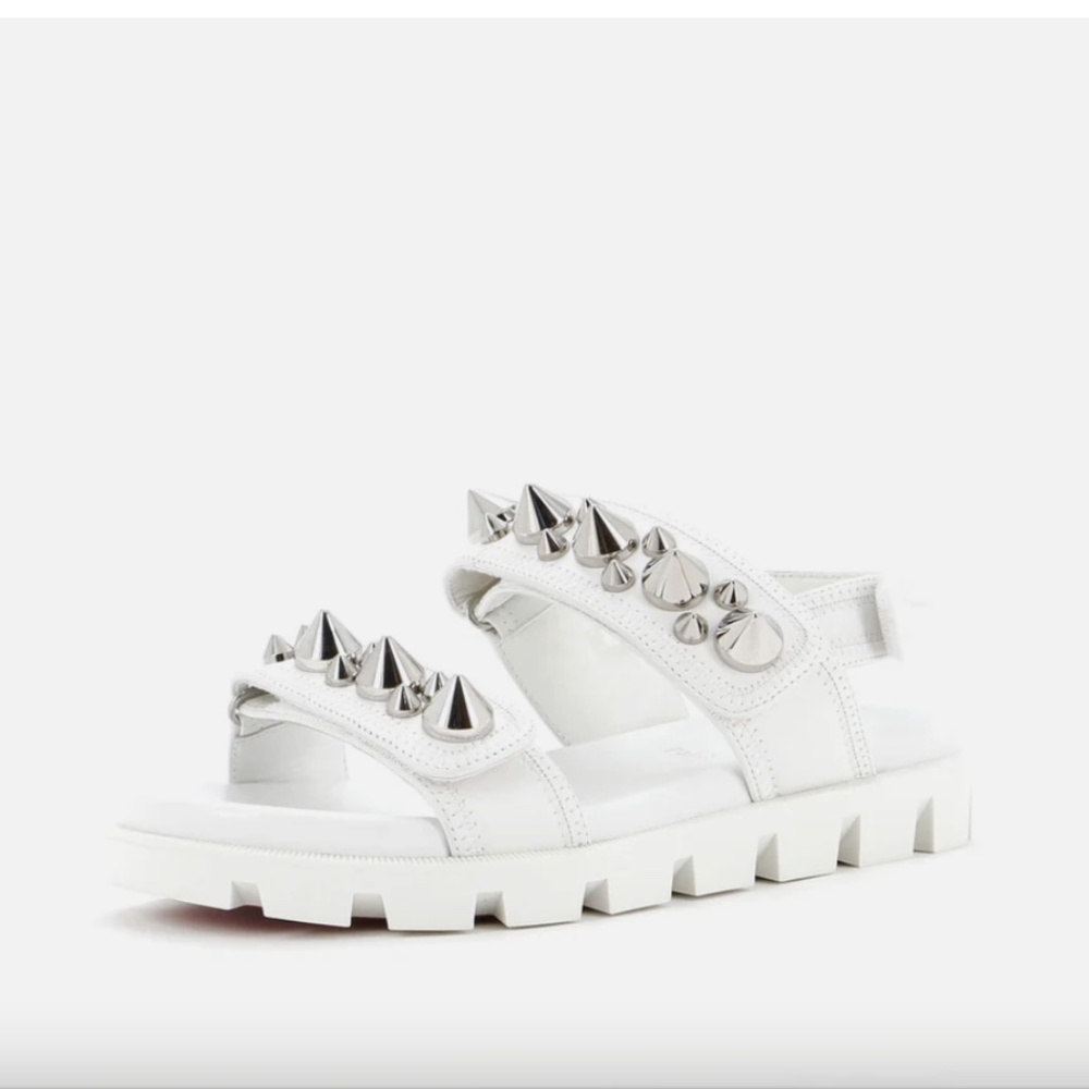 Christian Louboutin Women's Spikita White Flat Sandals Spiked Leather